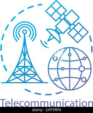 Concetto di telecomunicazioni e la relativa icona. Nel complesso la rete wireless. Collegamento via satellite. Sistema di comunicazione globale idea sottile linea illustrazione. Isolat di vettore Illustrazione Vettoriale