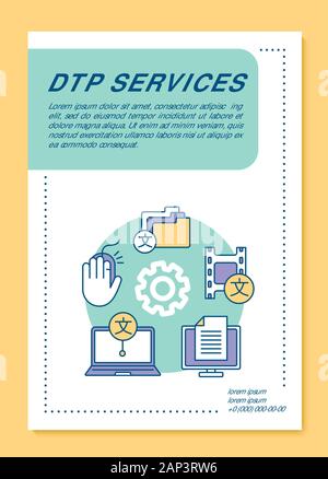 Servizi di DTP modello brochure formato. Copia modifica traduzione. Volantini, opuscoli, depliant stampa design lineare con illustrazioni. Vettore di layout di pagina Illustrazione Vettoriale