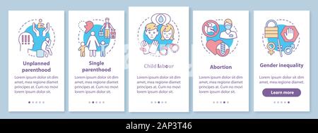 Le questioni sociali di onboarding mobile app schermo pagina con concetti lineari. Unica paternità, il lavoro minorile, l aborto, la disparità tra i sessi procedura dettagliata graphic Illustrazione Vettoriale