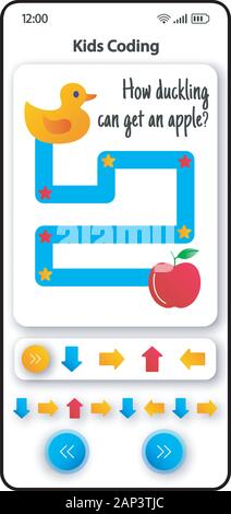 Bambini gioco interfaccia dello smartphone template vettoriale. Mobile App pagina white design layout. Trovare il labirinto modo schermo. Interfaccia utente di piana per l'applicazione. Bambini e Illustrazione Vettoriale