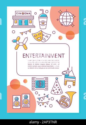 Industria del divertimento poster formato di modello. Cinema, musica ed eventi. Banner, opuscoli, depliant stampa design lineare con le icone. Vettore pagina brochure Illustrazione Vettoriale