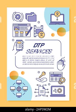 Servizi di DTP modello brochure formato. La formattazione del testo del servizio. Volantini, opuscoli, depliant stampa design lineare con illustrazioni. Vettore di layout di pagina fo Illustrazione Vettoriale