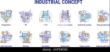 Concetto industriale di set di icone. Segmento Economy idea sottile linea illustrazioni. Primario, secondario, settore quaternario. Il lotto di produzione, la manodopera europea. V Illustrazione Vettoriale