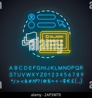 Selezionare le lingue per la traduzione di luce al neon concetto icona. Software traduttore idea. Lingua straniera. Dizionario online di app. Segno incandescente con alphabe Illustrazione Vettoriale