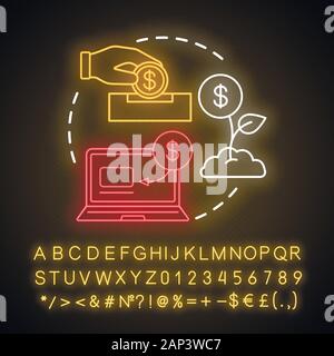Cashback bonus luce al neon concetto icona. Cash back idea di servizio. La fedeltà del cliente. Ricompensa, beneficiare del programma. Restituzione di denaro. Segno incandescente con alfabeto, Illustrazione Vettoriale