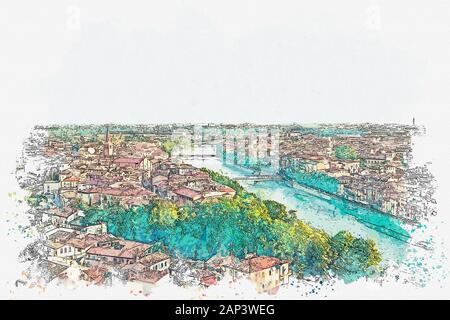 Disegno ad acquerello di una bellissima vista della tradizionale architettura urbana in Verona in Italia. Foto Stock