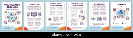 Servizi di traduzione modello brochure formato. Trascrizione Audio. Volantini, opuscoli, depliant stampa design lineare con illustrazioni. Vettore del layout di pagina Illustrazione Vettoriale
