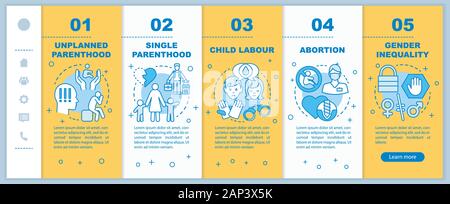 Le questioni sociali di onboarding pagine web mobile template vettoriale. Unica paternità, il lavoro minorile, la disparità tra i sessi. Smartphone reattiva interfaccia del sito web Illustrazione Vettoriale
