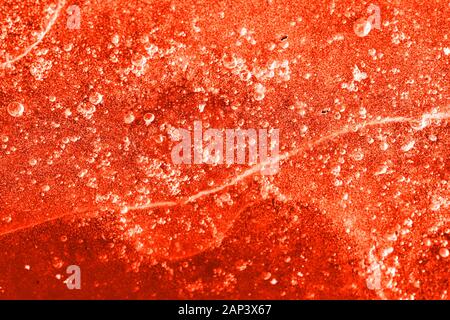 Erba secca sotto il ghiaccio trasparente di close-up. Abstract naturale sfondo arancione nei toni del colore Foto Stock