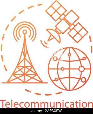 Concetto di telecomunicazioni e la relativa icona. Nel complesso la rete wireless. Collegamento via satellite. Sistema di comunicazione globale idea sottile linea illustrazione. Isolat di vettore Illustrazione Vettoriale