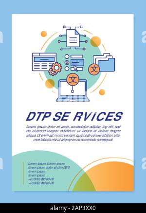Servizi di DTP modello brochure formato. Traduzione di contenuto. Volantini, opuscoli, depliant stampa design lineare con illustrazioni. Vettore di layout di pagina per ma Illustrazione Vettoriale