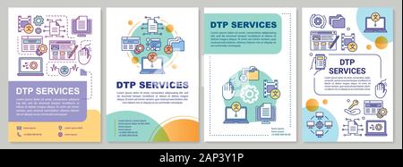 Servizi di DTP modello brochure formato. Il desktop publishing service. Volantini, opuscoli, depliant stampa design lineare con illustrazioni. Vettore di layout di pagina Illustrazione Vettoriale