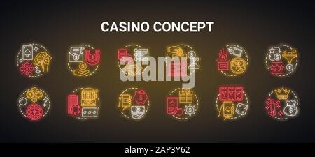 Casino di luce al neon concetto set di icone. I giochi online di possibilità e bonus idea. Le slot machines e giochi di carte, giochi roulette. Il gioco d'azzardo. Segno incandescente con alphabe Illustrazione Vettoriale