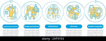 Questioni sociali ed infografico vettore modello. Unica paternità, il lavoro minorile, l aborto, la disparità tra i sessi. Per la visualizzazione di dati con cinque fasi. Procedimento t Illustrazione Vettoriale