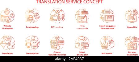 Servizio di traduzione del concetto rosso set di icone. Traduzione di lingua straniera idea sottile linea illustrazioni. Servizi di DTP e correzione di bozze. Caricare il file. Vect Illustrazione Vettoriale
