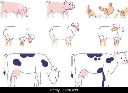 Animali domestici flat illustrazioni vettoriali set. Il bestiame di allevamento allevamento isolati gli elementi di design con contorno. Le mucche, pecore, maiali e polli. D Illustrazione Vettoriale