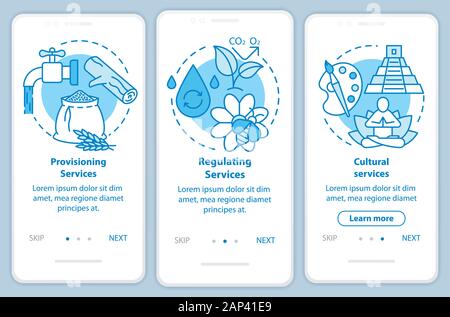 I servizi ecosistemici blue onboarding mobile app schermo pagina con concetti lineari. Risorse idriche disposizione procedure dettagliate fornite istruzioni grafiche. UX, Illustrazione Vettoriale