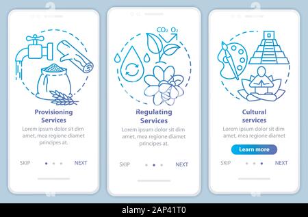 I servizi ecosistemici blue onboarding mobile app schermo pagina con concetti lineari. Supporto e servizio culturale procedura dettagliata procedura istruzioni grafiche Illustrazione Vettoriale