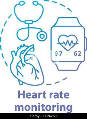 Frequenza cardiaca gli strumenti di monitoraggio concetto icona. Salute cardiologica idea di controllo linea sottile illustrazione. Uno stetoscopio smartwatch con impulsi di controllo opzione. V Illustrazione Vettoriale