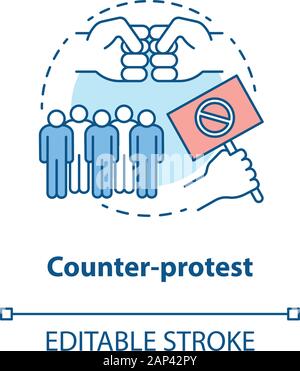 Contatore concetto di protesta icona. Dimostrazione pubblica, disaccordo manifestazione idea sottile linea illustrazione. Mano azienda ripostiglio, pugni e la folla vect Illustrazione Vettoriale