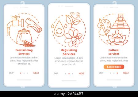 I servizi ecosistemici red onboarding mobile app schermo pagina template vettoriale. Provisioning e servizio culturale. Procedura dettagliata sito passaggi lineari con ico Illustrazione Vettoriale
