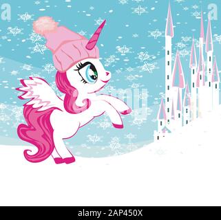 Bellissimo unicorno e fiabesco Castello principessa in inverno Foto Stock