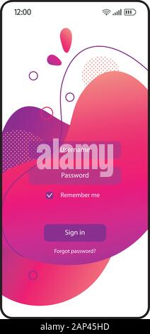 Pagina di login di interfaccia dello smartphone fluido vettore modello. Mobile App rosa e viola gradiente layout design con username e password i campi. Cellulare Illustrazione Vettoriale