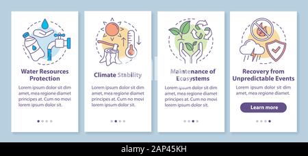 I servizi ecosistemici onboarding mobile app schermo pagina con concetti lineari. Le risorse idriche, la stabilità del clima procedure dettagliate fornite istruzioni grafiche. Illustrazione Vettoriale