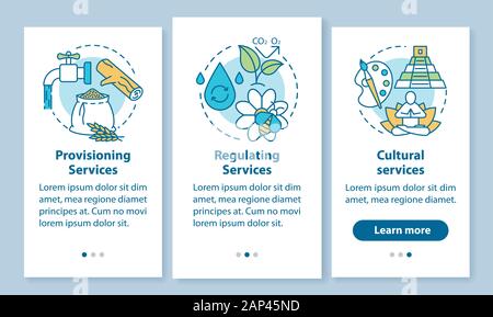 I servizi ecosistemici onboarding mobile app schermo pagina con concetti lineari. Provisioning, servizi di regolazione procedure dettagliate fornite istruzioni grafiche. U Illustrazione Vettoriale