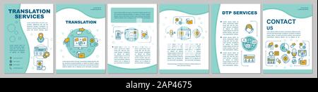 Servizi di traduzione modello brochure formato. Trascrizione Audio. Volantini, opuscoli, depliant stampa design lineare con illustrazioni. Vettore del layout di pagina Illustrazione Vettoriale