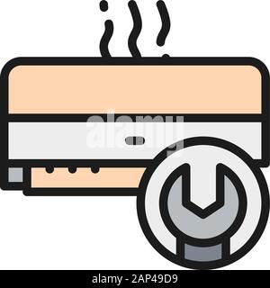Riparazione del condizionatore aria, icona della linea di colore piatta del condizionatore rotta. Illustrazione Vettoriale