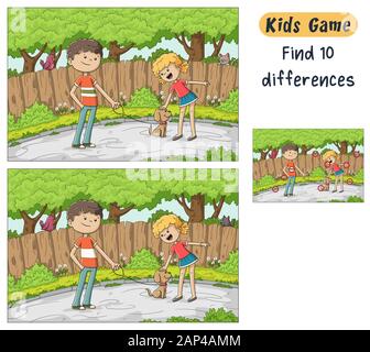 Trovare 10 differenze. Divertente gioco di cartoni animati per i bambini, con la soluzione. Illustrazione Vettoriale con strati separati. Illustrazione Vettoriale