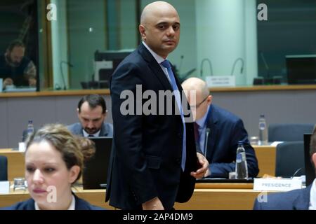 Bruxelles, Belgio. Xxi gen, 2020. Cancelliere dello scacchiere britannico Sajid Javid assiste una dei ministri delle Finanze Consiglio Affari economici e finanziari (ECOFIN) riunione. Credito: ALEXANDROS MICHAILIDIS/Alamy Live News Foto Stock