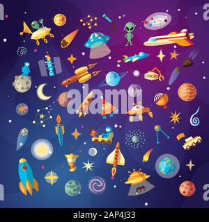 Cartoon carino space explorer, astronomia scienza e vettore di UFO set. Rover lunari, pianeti, razzi, oggetti spaziali e stranieri sul cosmo sfondo. Spazio Illustrazione Vettoriale