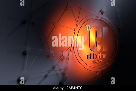 Elemento chimico di cloro. Segno con numero atomico e peso atomico. Elemento chimico della tavola periodica. Sfondo di comunicazione e molecola. Conne Foto Stock