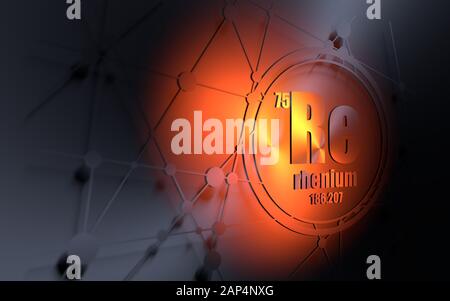 Elemento chimico renio. Segno con numero atomico e peso atomico. Elemento chimico della tavola periodica. Sfondo di comunicazione e molecola. Collegamento Foto Stock