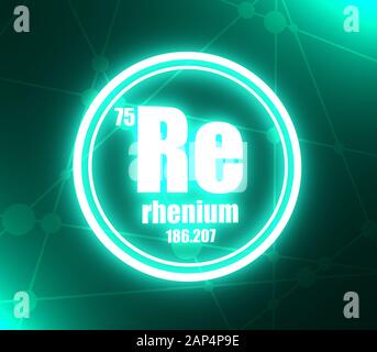 Elemento chimico renio. Segno con numero atomico e peso atomico. Elemento chimico della tavola periodica. Sfondo di comunicazione e molecola. Collegamento Foto Stock