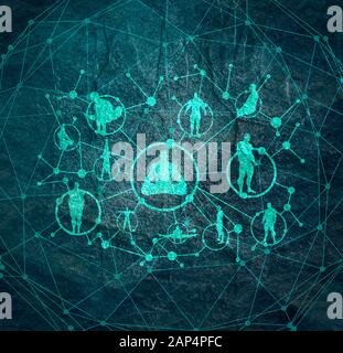 Social media. Sfondo con linee, cerchi e integra le silhouette degli atleti. Simboli connessi per la comunicazione digitale, interattiva e globale Foto Stock