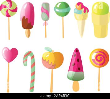 Set di vettore luminoso caramelle, gelati serie di coloratissimi lecca lecca e gelati, cartoon illustrazione. Round e cuore lecca-lecca, caramellato apple Illustrazione Vettoriale