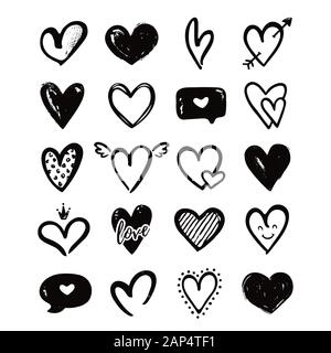 Cuori isolati su uno sfondo bianco. Vettore disegnati a mano i simboli per amore, Wedding, il giorno di San Valentino o altri design romantico. Set di 20 diversi decora Illustrazione Vettoriale