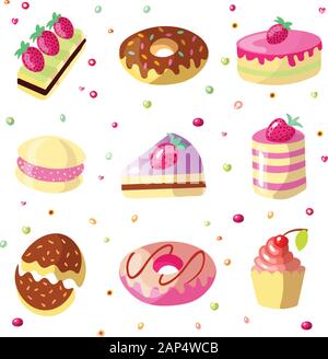 Set di Cartoon carino dolci e ciambelle, illustrazione vettoriale. Colorata collezione di icone di torta con fragola sulla parte superiore e le ciambelle, smalto di colore rosa. Carino Illustrazione Vettoriale