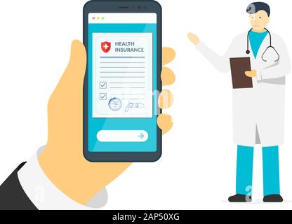 Smartphone per la mano del paziente con modulo di assicurazione sanitaria e medico di sesso maschile. Firma online documento sulla protezione dell'accordo sullo schermo mobile. Faccia contratto legale di vettore di compensazione della medicina di affare Illustrazione Vettoriale
