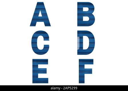 Carattere blu Alphabet a, b, c, d, e, f fatto di serranda dipinta di blu o tapparella. Alfabeto brillante. Foto Stock