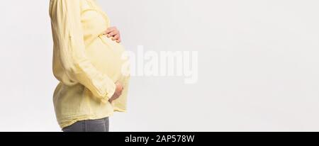 Signora Incinta Irriconoscibile Toccando Belly In Posa In Studio, Vista Laterale, Panorama Foto Stock