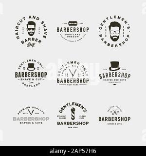 Set di barberia vintage logo in stile retrò parrucchiere emblemi, stemmi, elementi di design, logotipo modelli. illustrazione vettoriale Illustrazione Vettoriale