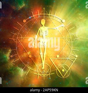 Mistero, stregoneria, occultismo e alchimia tattoo segno. Vintage mistico geometria gotica linee sottili simbolo con silhouette di uno scheletro umano Foto Stock