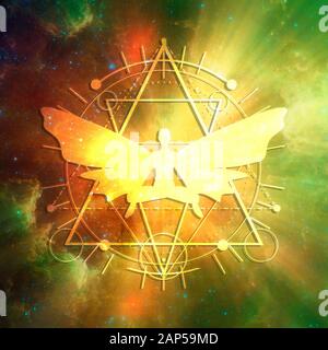 Segno stregoneria, occulto e alchimia. Geometria mistica sottile linee simbolo con farfalla donna in posa yoga lotus. Elementi di questa immagine forniti da Foto Stock