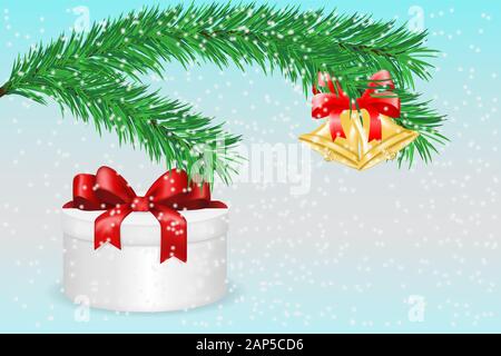 Confezione regalo con nastro rosso di prua e verde ramo di abete rosso Illustrazione Vettoriale