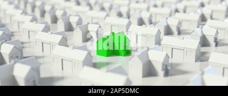 Il verde e la casa bianca, di caccia, di ricerca e di scelta di nuova casa la minima nozione. Banner panoramico, rendering 3D Foto Stock