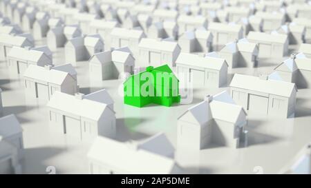 Il verde e la casa bianca, di caccia, di ricerca e di scelta di nuova casa la minima nozione. Il rendering 3D Foto Stock